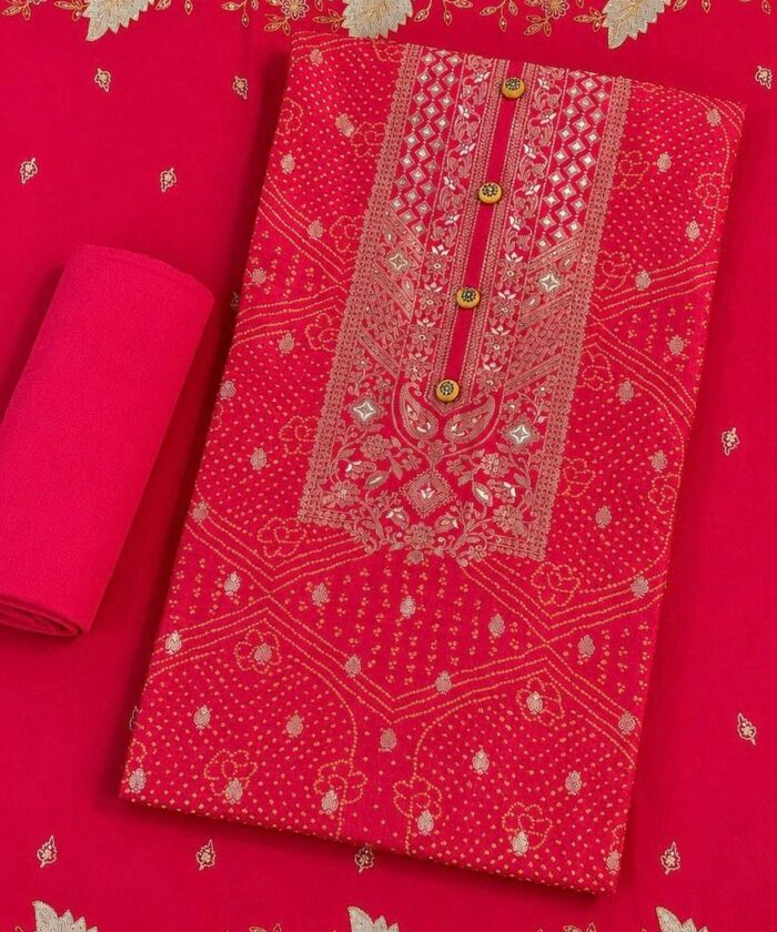 Red Sequin Banarsi Silk Unstitched Salwar Suit Set