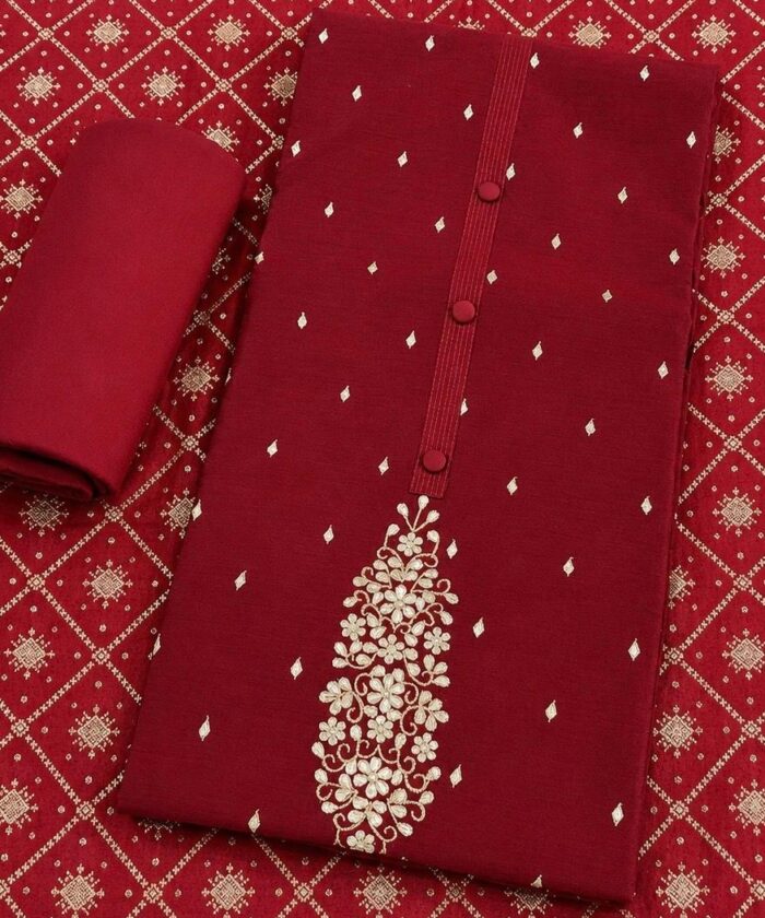 Red Gota Work Chanderi Silk Unstitched Salwar Suit Set